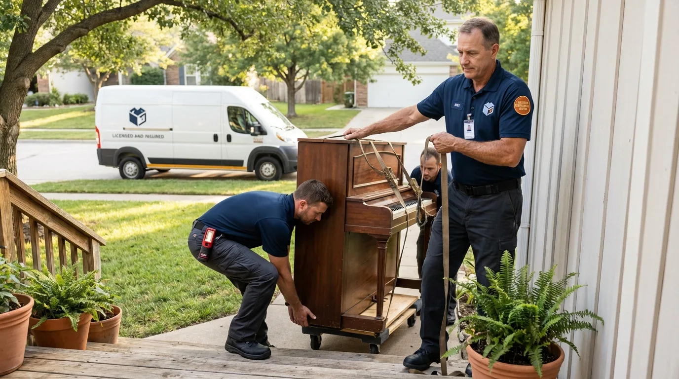 Licensed piano movers securing grand piano in Wellsville, MO