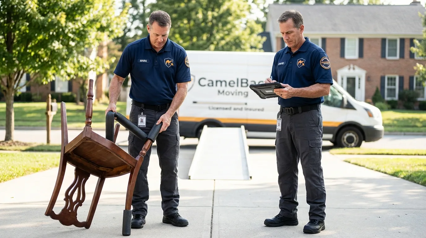 Movers inspecting furniture for damage prevention before loading in Wellsville, MO