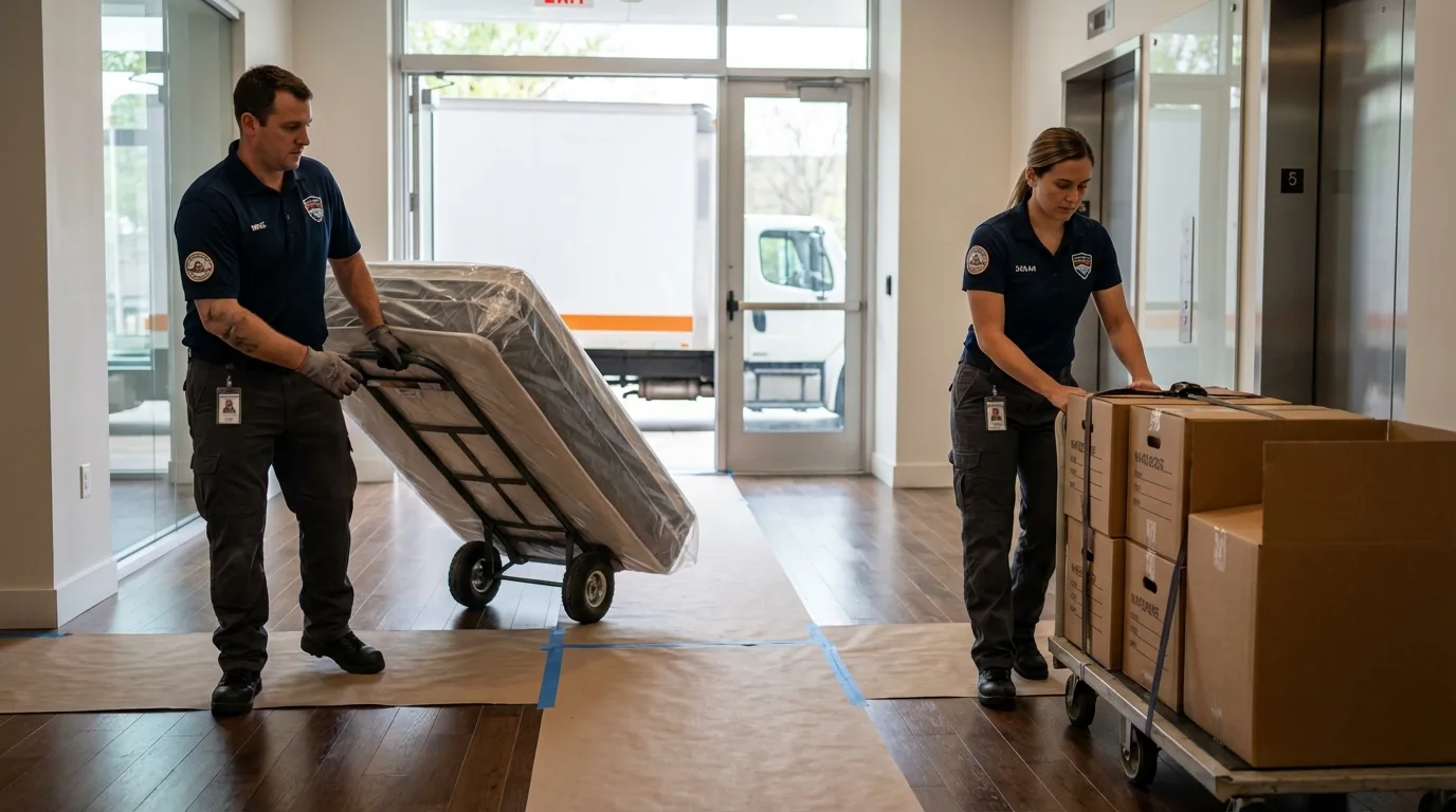 Professional apartment movers loading elevator in Wellsville, MO
