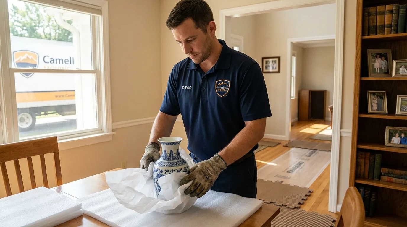 Professional crew carefully wrapping antique vase for senior downsizing move in Wellsville, MO